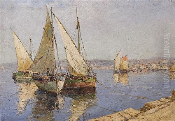 Harbor Scene With Fishing Boats Oil Painting by Georgi Alexandrovich Lapchine