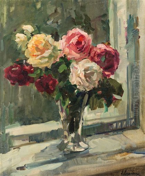 Roses By The Window Oil Painting by Georgi Alexandrovich Lapchine