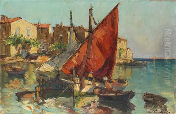 Mediterranean Fishing Village Oil Painting by Georgi Alexandrovich Lapchine