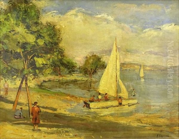 Harbor Scene With Sailboats Oil Painting by Georgi Alexandrovich Lapchine