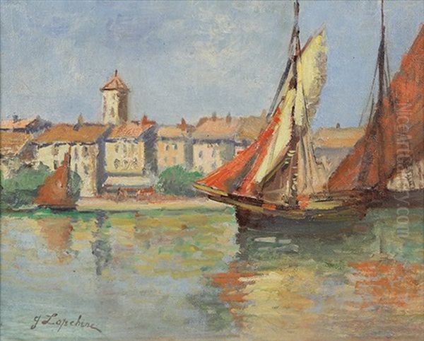 Sailboats In A Harbor Oil Painting by Georgi Alexandrovich Lapchine