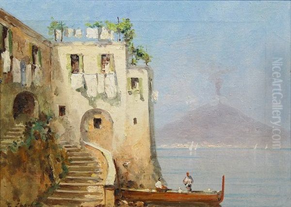 View Of Vesuvius, Naples Harbor Oil Painting by Georgi Alexandrovich Lapchine