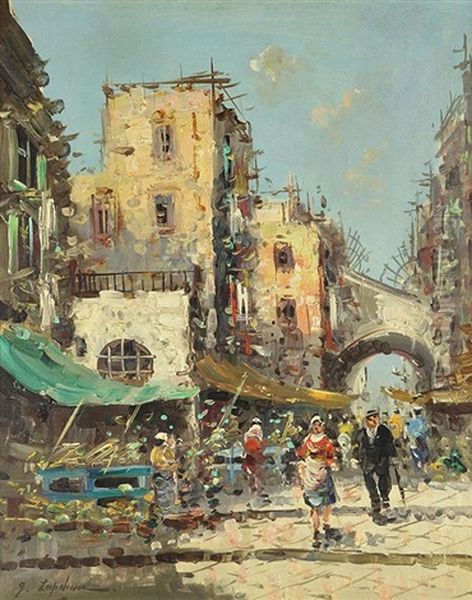 Street Scene With Figures by Georgi Alexandrovich Lapchine