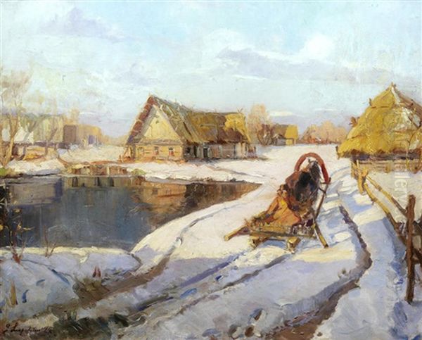 Winter Sleigh Oil Painting by Georgi Alexandrovich Lapchine