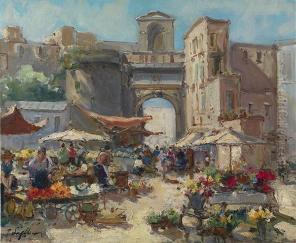 Market Scene In Naples Oil Painting by Georgi Alexandrovich Lapchine