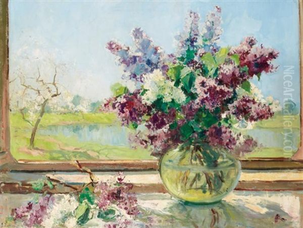 Bouquet De Lilas Devant La Fenetre Oil Painting by Georgi Alexandrovich Lapchine