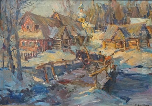 Village Sous La Neige Oil Painting by Georgi Alexandrovich Lapchine