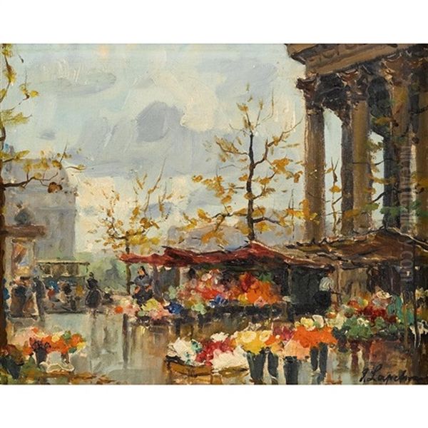 Flower Market, Paris Oil Painting by Georgi Alexandrovich Lapchine