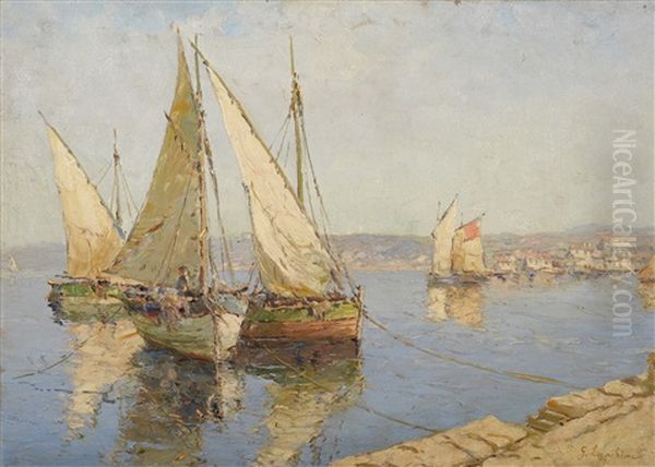 Bateaux De Peche Sur La Mer Oil Painting by Georgi Alexandrovich Lapchine