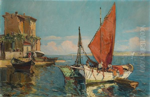 Fishing Boats In A Harbour, Martigues Oil Painting by Georgi Alexandrovich Lapchine