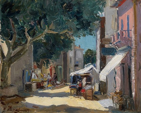 Market Scene In Sainte-maxime Oil Painting by Georgi Alexandrovich Lapchine