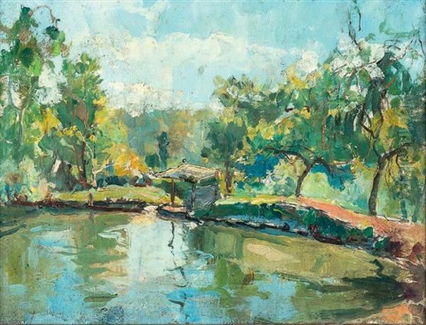 Le Lavoir Sur L'etang Oil Painting by Georgi Alexandrovich Lapchine