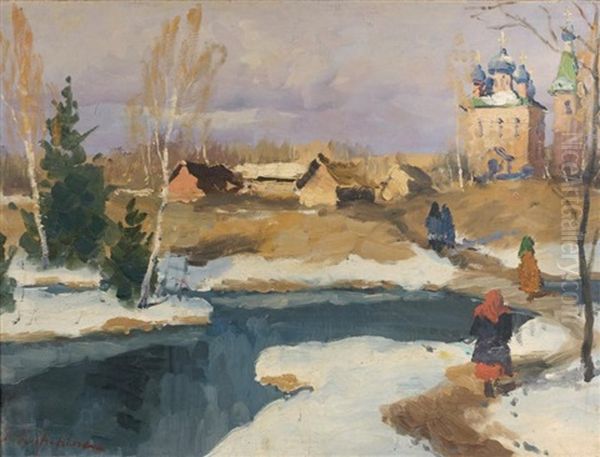 Paysage Enneige En Russie Oil Painting by Georgi Alexandrovich Lapchine