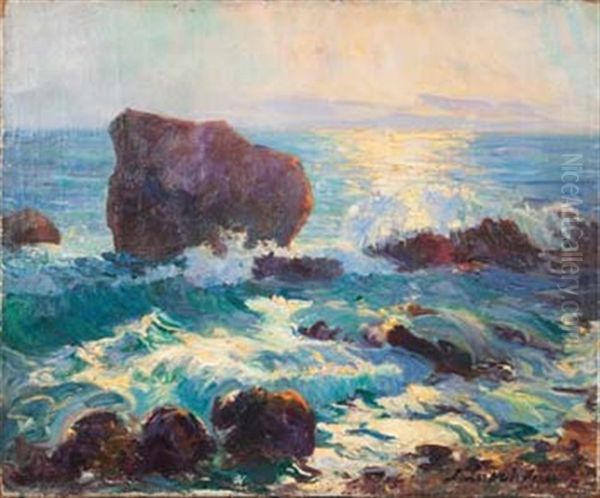 Vagues Sur Les Rochers Rouges Oil Painting by Georgi Alexandrovich Lapchine