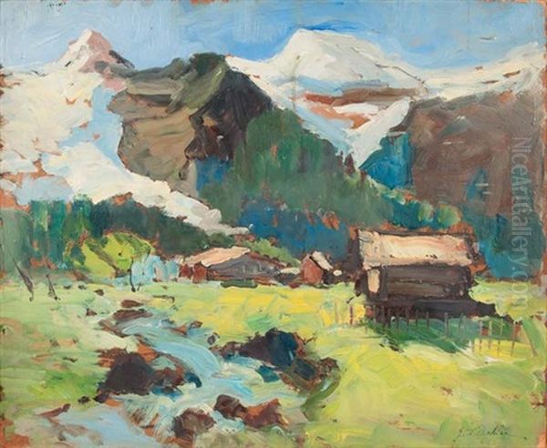 Chalets Et Torrent En Montagne Oil Painting by Georgi Alexandrovich Lapchine