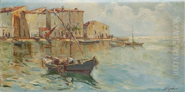 Barque A Saint Tropez Oil Painting by Georgi Alexandrovich Lapchine