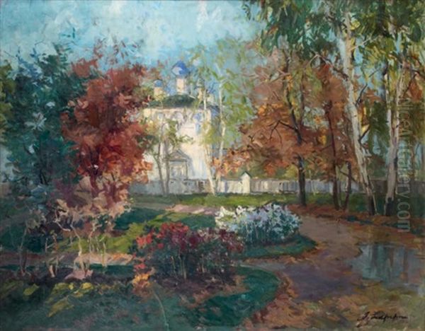 Eglise Russe A Coupoles Bleues En Bordure De Foret A L'automne Oil Painting by Georgi Alexandrovich Lapchine