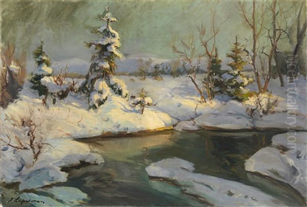 Winter Landscape Oil Painting by Georgi Alexandrovich Lapchine