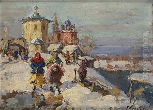 Paysage Russe Sous La Neige Oil Painting by Georgi Alexandrovich Lapchine