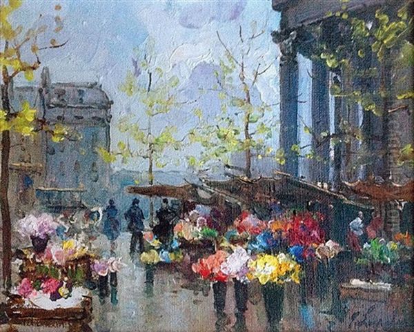 Le Marche Aux Fleurs A La Madeleine Oil Painting by Georgi Alexandrovich Lapchine