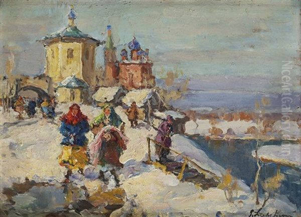 Paysage Russe Sous La Neige Oil Painting by Georgi Alexandrovich Lapchine