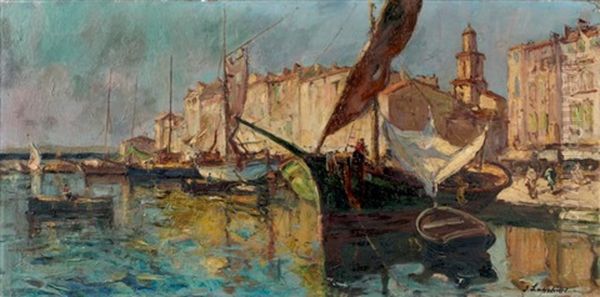 Port De Peche A St. Tropez Oil Painting by Georgi Alexandrovich Lapchine