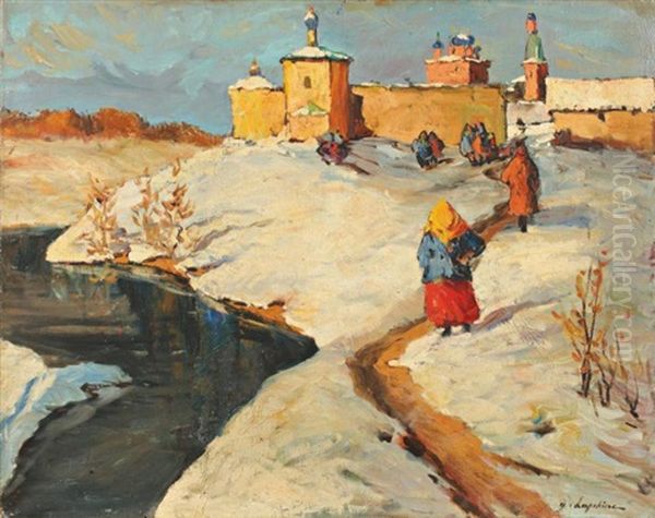 Village Sous La Neige Oil Painting by Georgi Alexandrovich Lapchine