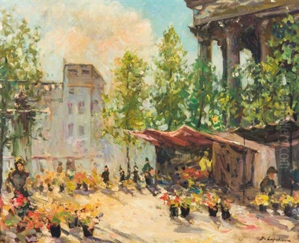 Marche Aux Fleurs, Place De La Madeleine Oil Painting by Georgi Alexandrovich Lapchine