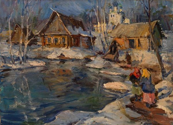 Russian Village In Winter Oil Painting by Georgi Alexandrovich Lapchine