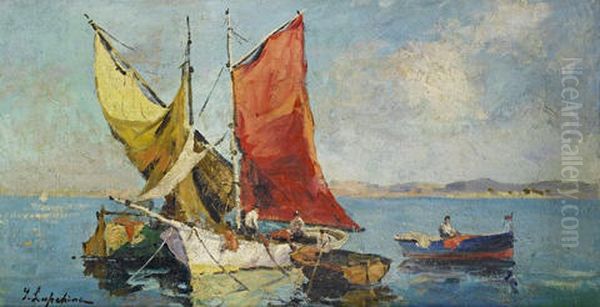 Colorful Fishing Boats Oil Painting by Georgi Alexandrovich Lapchine