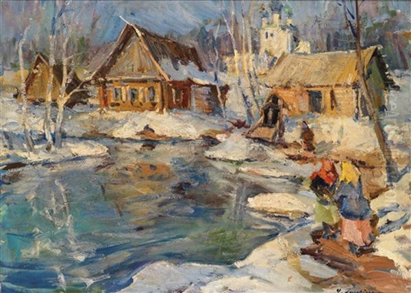 Russisches Dorf Im Schnee Oil Painting by Georgi Alexandrovich Lapchine