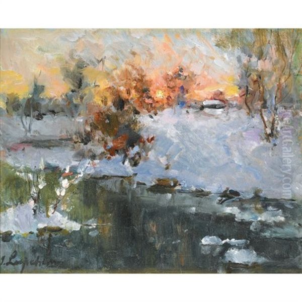 Paysage D'hiver Au Soleil Couchant Oil Painting by Georgi Alexandrovich Lapchine