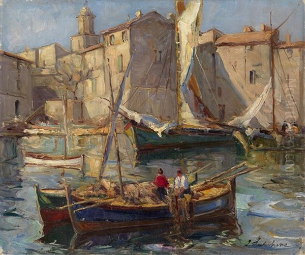 Fishing Boats In The Harbor Oil Painting by Georgi Alexandrovich Lapchine