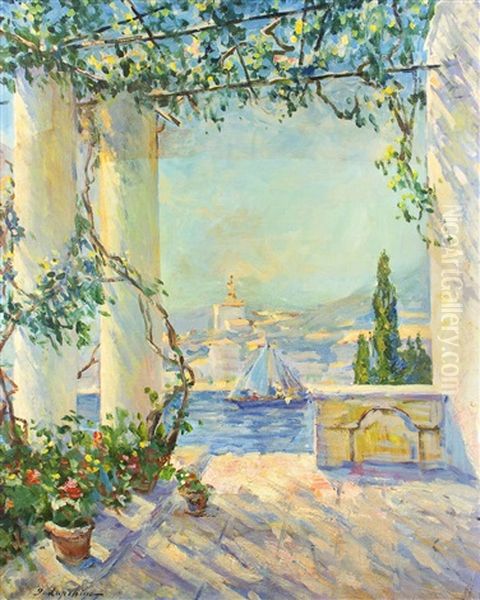 Mediterrane Terrasse Mit Ausblick Auf Das Mittelmeer Oil Painting by Georgi Alexandrovich Lapchine