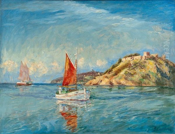 Sailboats By The Shore Oil Painting by Georgi Alexandrovich Lapchine