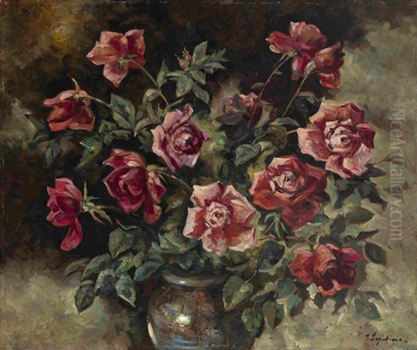 Roses In A Vase Oil Painting by Georgi Alexandrovich Lapchine