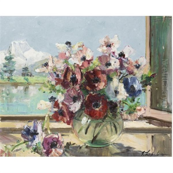 Still Life Of Anemonies (italian Alps) Oil Painting by Georgi Alexandrovich Lapchine