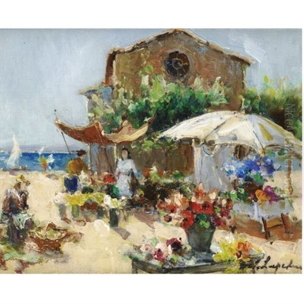 The Flower Market At Madeleine Oil Painting by Georgi Alexandrovich Lapchine