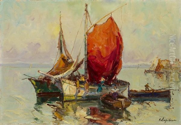 Fischersfritze Mit Den Fischerbooten Oil Painting by Georgi Alexandrovich Lapchine