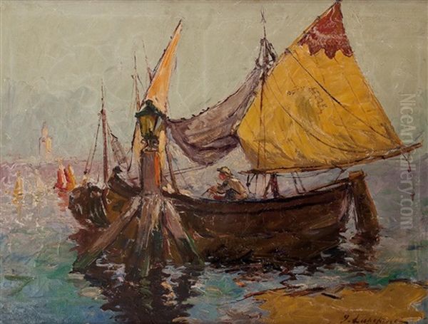 Maritime Szene Mit Fischerboot Oil Painting by Georgi Alexandrovich Lapchine