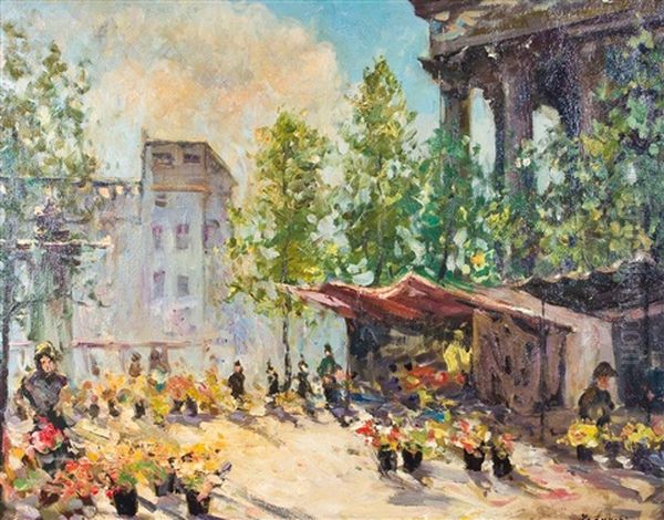 Blumenmarkt Auf Dem Pariser Place De La Madeleine Oil Painting by Georgi Alexandrovich Lapchine