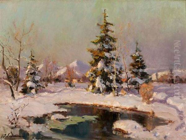 Paysage De Neige Au Soleil Couchant Oil Painting by Georgi Alexandrovich Lapchine