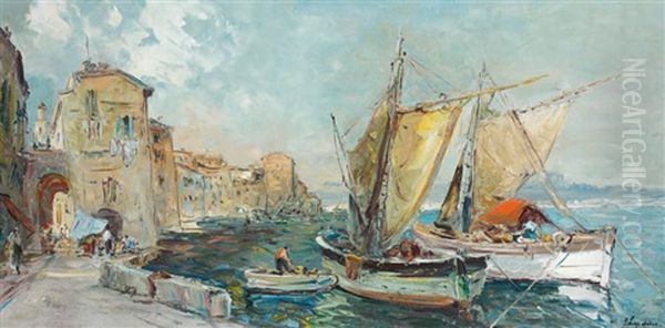 Barques De Peche Dans Un Port Mediterraneen Oil Painting by Georgi Alexandrovich Lapchine