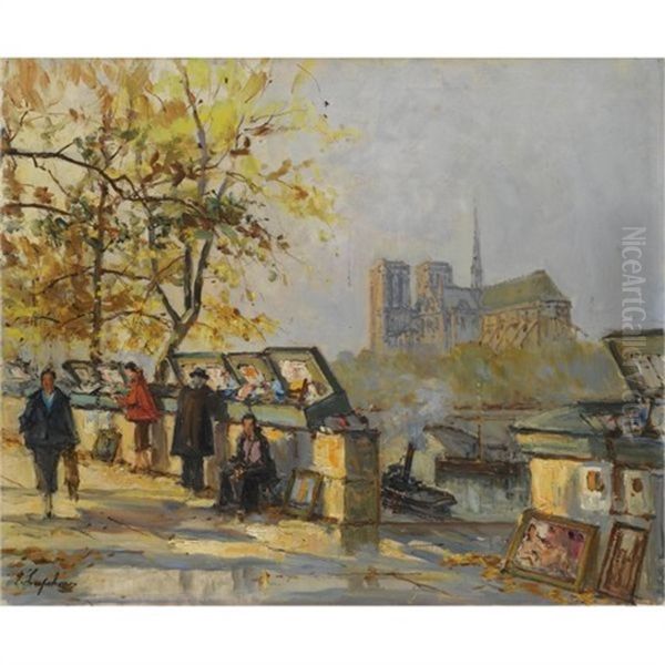 Book Sellers Along The Seine Oil Painting by Georgi Alexandrovich Lapchine