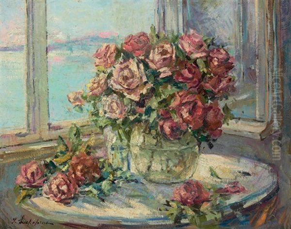 Still Life With Roses Oil Painting by Georgi Alexandrovich Lapchine