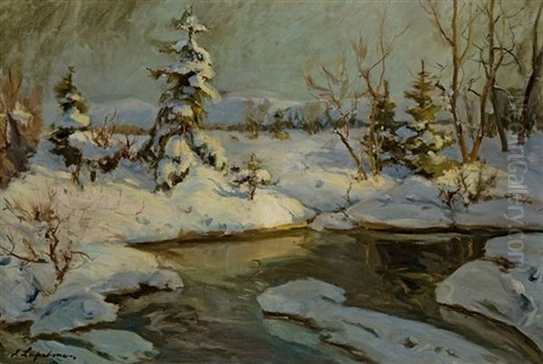 Snow-covered Landscape Oil Painting by Georgi Alexandrovich Lapchine