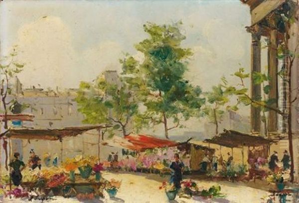 Marche Aux Fleurs A La Madeleine Oil Painting by Georgi Alexandrovich Lapchine