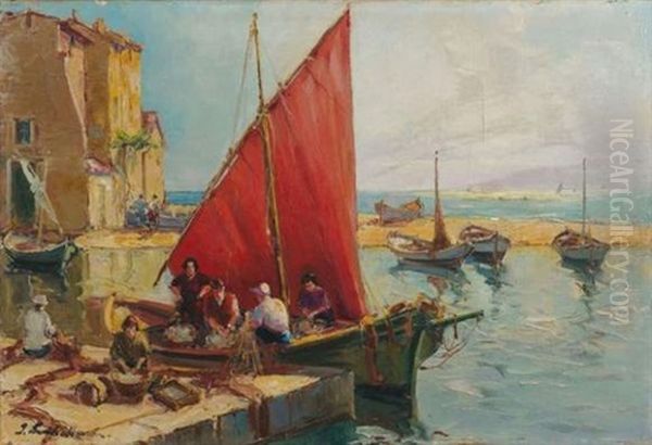 Pecheurs Preparant Leurs Filets Oil Painting by Georgi Alexandrovich Lapchine