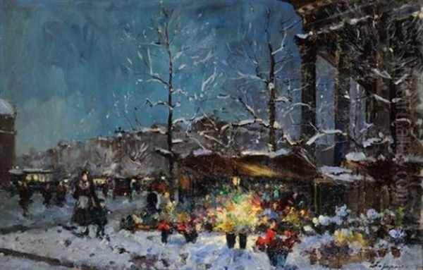 La Madeleine Et Le Marche Aux Fleurs En Temps De Neige Oil Painting by Georgi Alexandrovich Lapchine