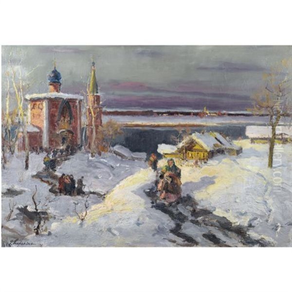 Returning From Church Oil Painting by Georgi Alexandrovich Lapchine